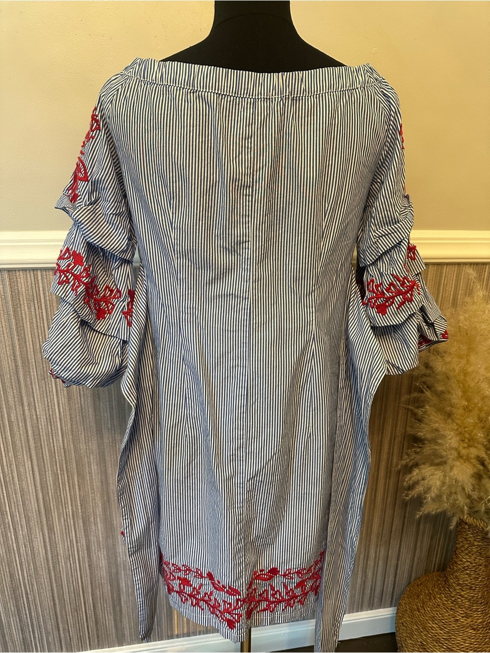 INC International Concepts Striped Embroidered Off Shoulder Dress Small Blue Red - Picture 9 of 11